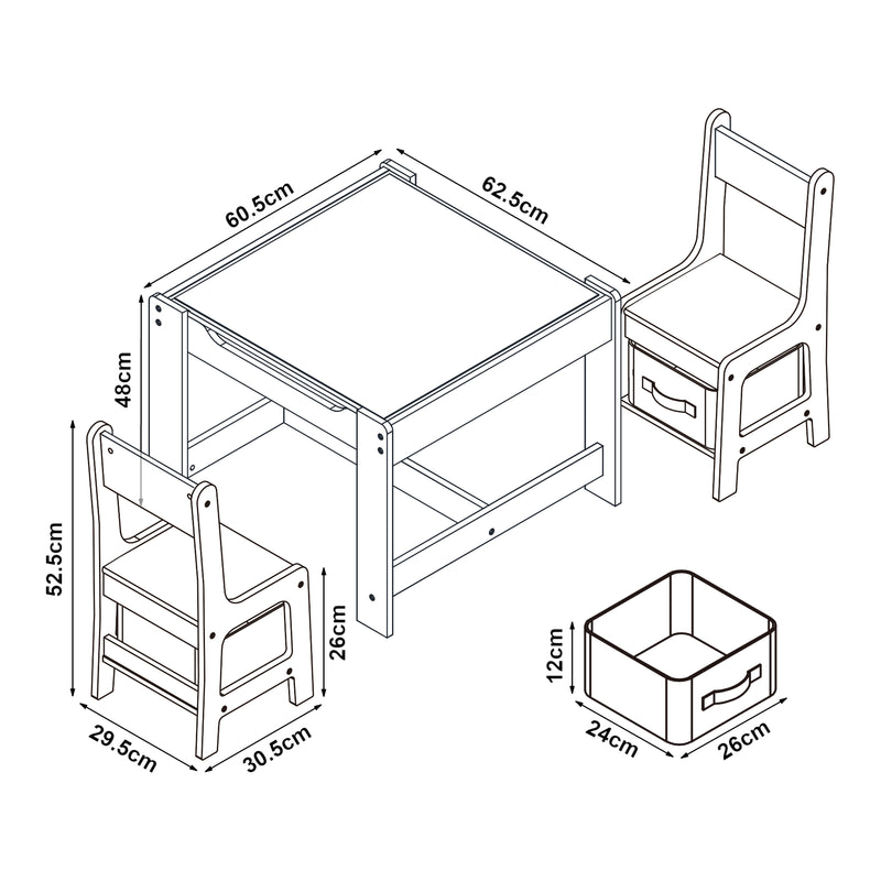 Croquis coté Ensemble table et chaises pour enfants Irixoa avec 2 boîtes de rangement [en.casa]