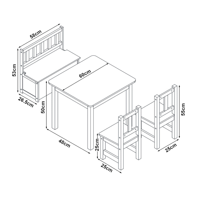 Croquis coté Set de meubles d'enfant Lousame table avec 2 chaises et banc rabattable naturel blanc [en.casa]