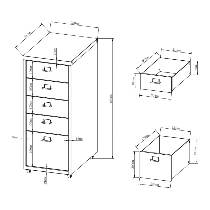 Croquis coté Caisson de bureau Kökar à roulettes avec 5 tiroirs 69 x 28 x 41 cm [en.casa]