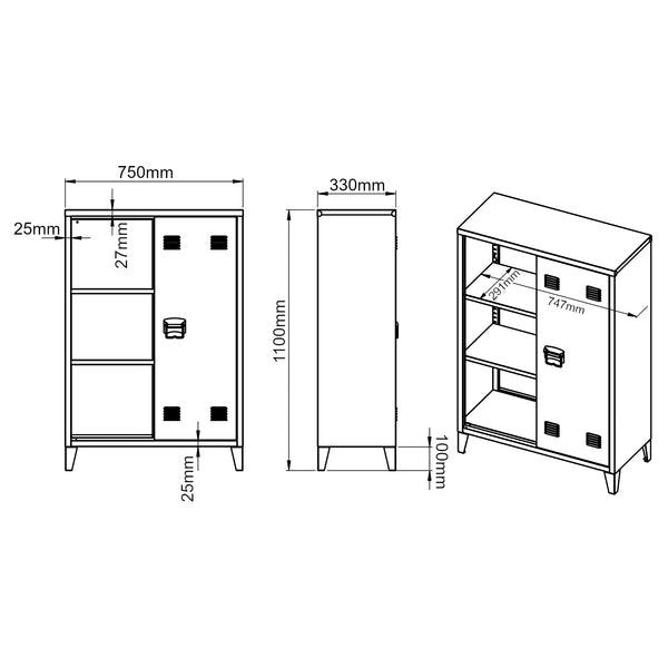 Casier de bureau métallique Oripää à 2 portes 110 x 75 x 33 cm blanc [en.casa]