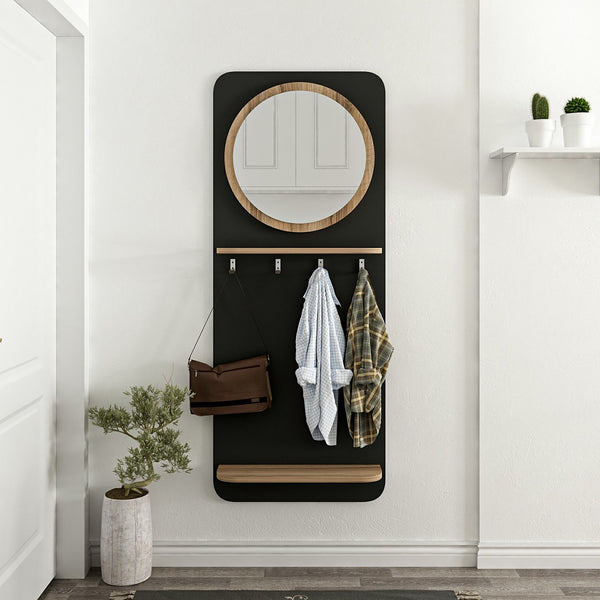 Portemanteau Helsinge avec miroir et espace de stockage 150 x 60 x 15 cm noir mat / effet bois [en.casa]