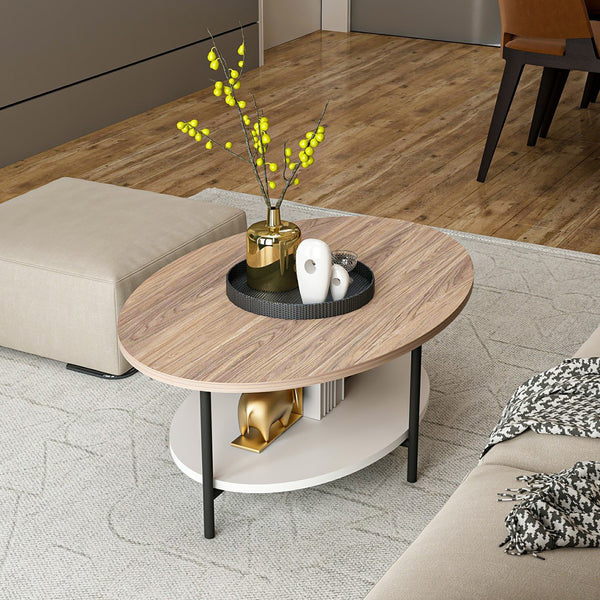 Table basse ovale Fredericia avec espace de rangement effet chêne / blanc [en.casa]
