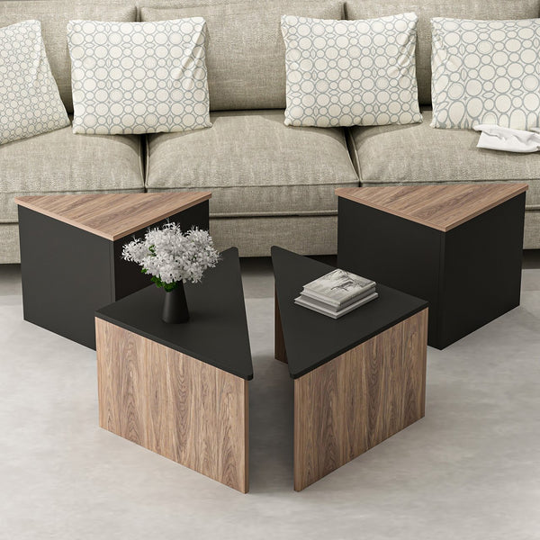 Set de 4 tables basses Frederikshavn carrées gigognes effet chêne / anthracite [en.casa]