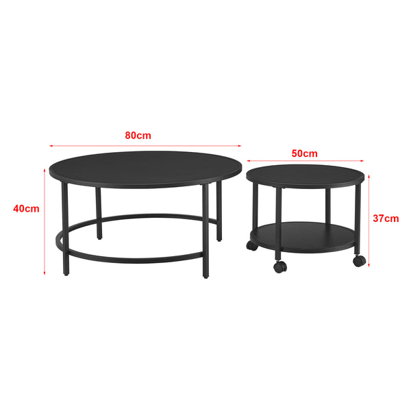 Lot de 2 tables basses Værøy rondes gigognes à roulettes et espace de rangement noir [en.casa]