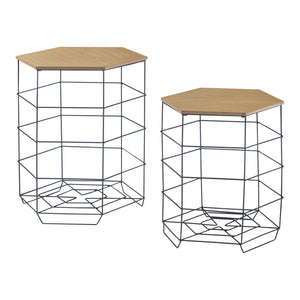Lot de 2 paniers en métal Hørsholm avec plateau amovible hexagonal noir / effet bois [en.casa]