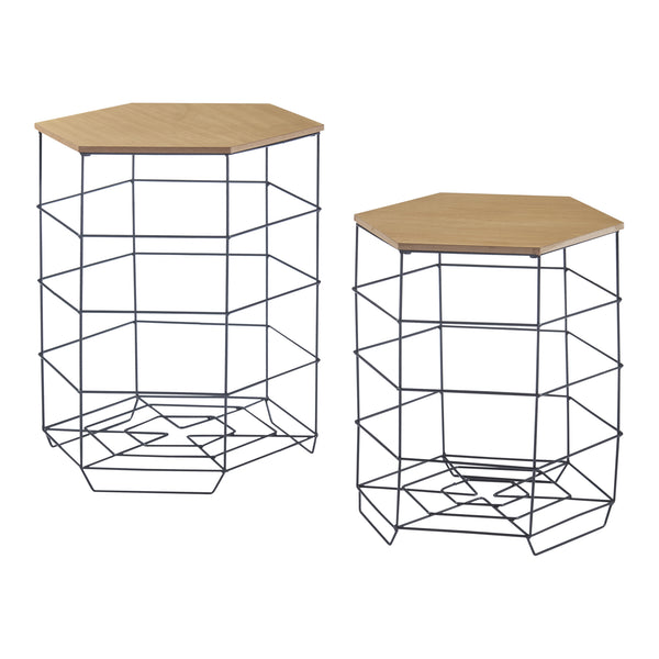 Lot de 2 paniers en métal Hørsholm avec plateau amovible hexagonal noir / effet bois [en.casa]
