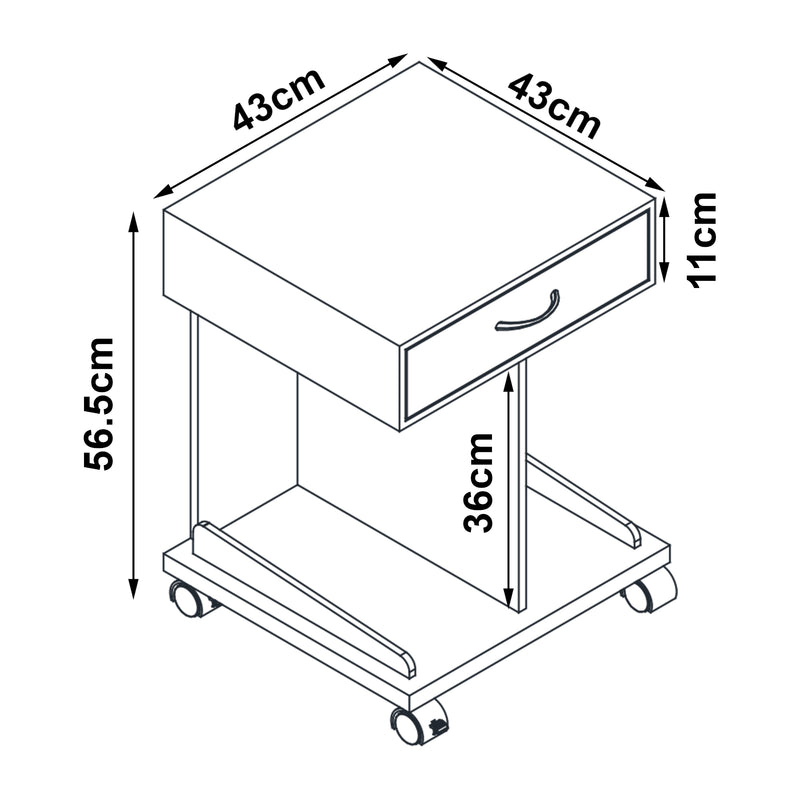 Croquis coté Table d'appoint à roulettes Jokkmokk avec tiroir et 2 étagères bambou 57 x 43 x 43 cm naturel [en.casa]