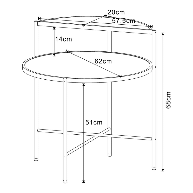 Croquis coté Table d'appoint ronde Fyresdal avec étagère métal MDF 68 x 62 cm noir effet chêne [en.casa]