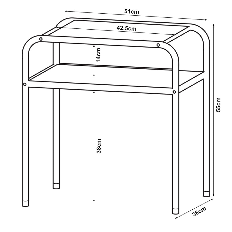 Croquis coté Table d'appoint Krødsherad avec plateau rectangulaire et étagère métal MDF 55 x 51 x 36 cm noir effet chêne [en.casa]