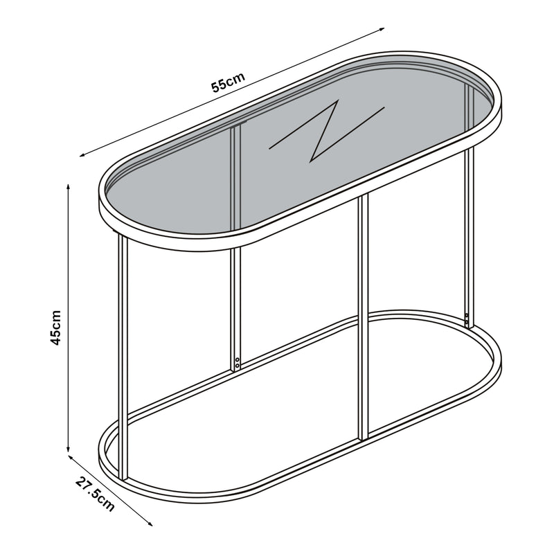 Croquis coté Table basse Luleå avec plateau ovale métal verre trempé 55 x 28 x 45 cm noir [en.casa]