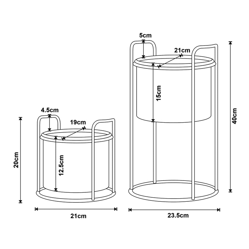 Croquis coté Set de 2 porte-plantes Osen de tailles variées métal noir [en.casa]