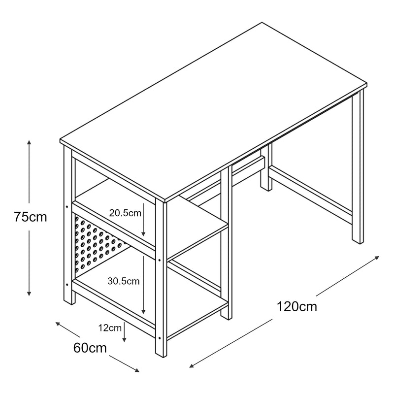 Croquis coté Bureau Dønna avec 2 étagères 120 x 60 x 75 cm noir effet bois [en.casa]