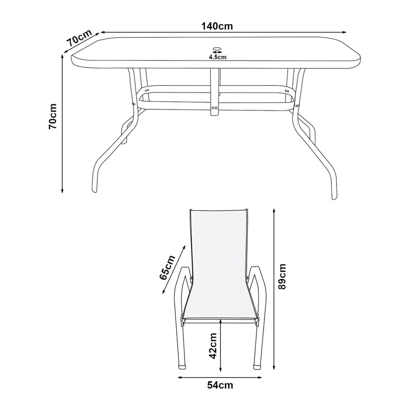 Croquis coté Salon de jardin 7 pièces Aradeo avec table à manger et 6 chaises acier verre trempé textilène casa.pro