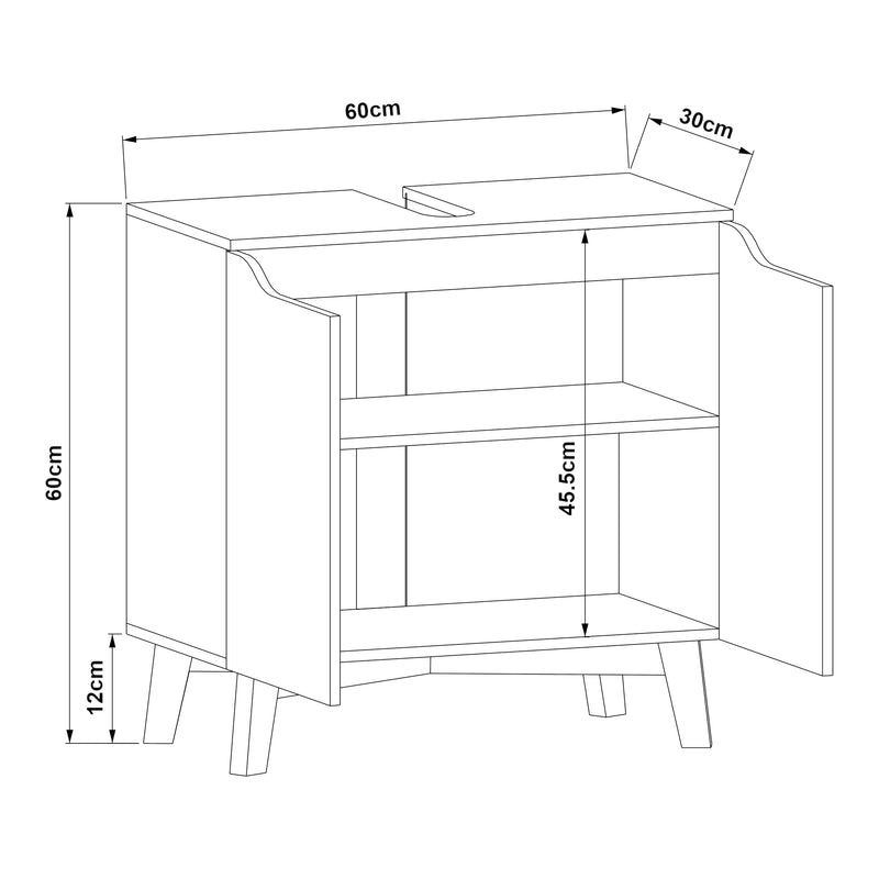Croquis coté Meuble sous lavabo Overath 60 x 60 x 30 cm gris naturel [en.casa]