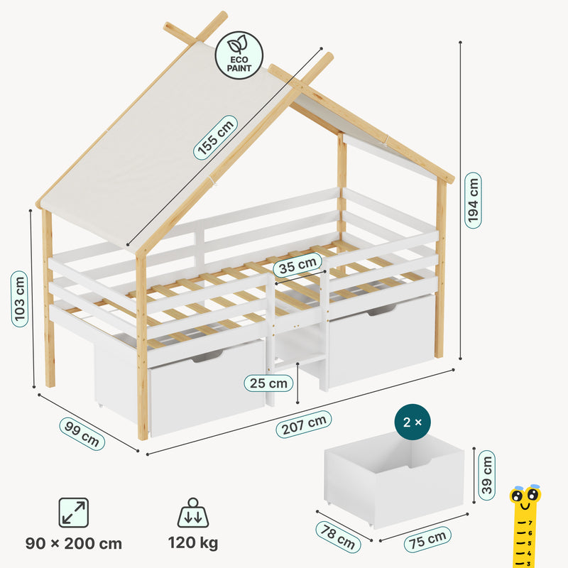 Croquis coté Lit cabane Surnadal bois de pin 90 x 200 cm blanc naturel beige [en.casa]
