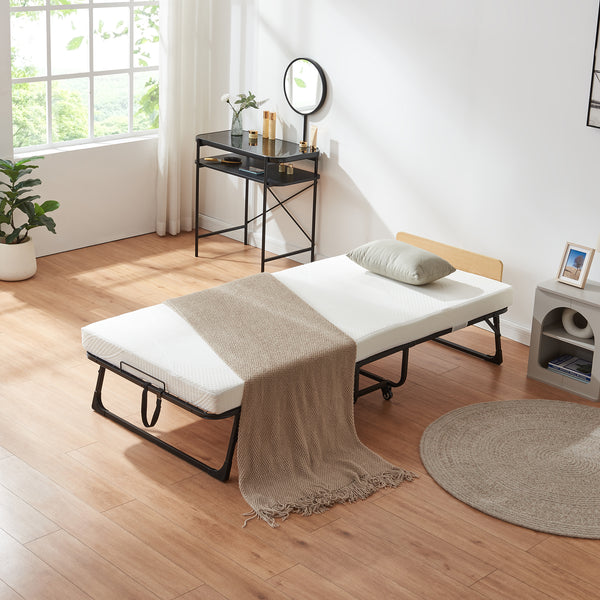 Lit pliant avec matelas en mousse froide Lustendi 90 x 200 cm noir effet chêne [en.casa]