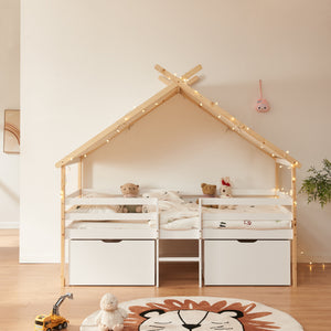Lit cabane Surnadal avec matelas à mousse froide bois de pin 90 x 200 cm naturel blanc beige [en.casa]