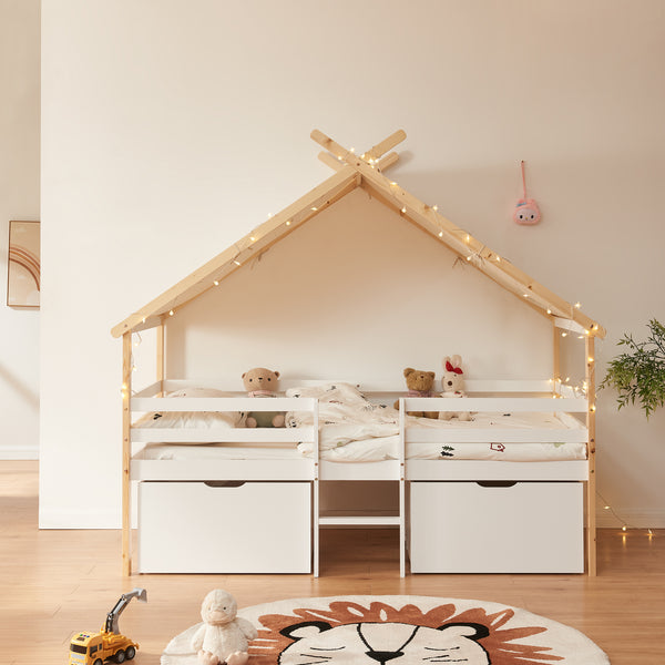 Lit cabane Surnadal avec matelas à mousse froide bois de pin 90 x 200 cm naturel blanc beige [en.casa]