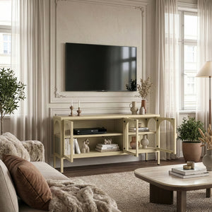 Buffet vitrine Klippestad acier verre 118 x 35 x 55 cm camel [en.casa]