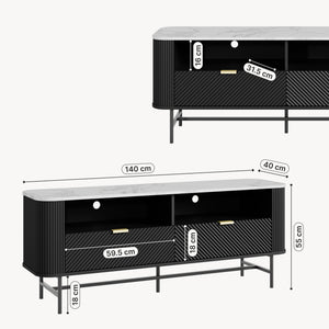 Meuble TV bas Olvehok 140x40x55 cm Noir/effet marbre, blanc [en.casa]