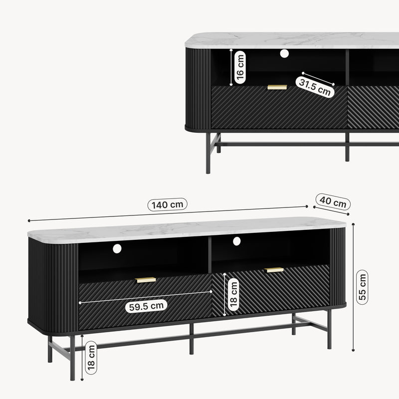 Maatschets TV-meubel Olvehok 140x40x55 cm zwart met wit marmerlook [en.casa]