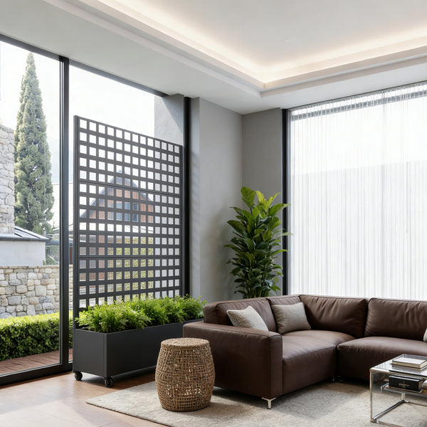Cloison Toma avec bac à fleurs sur roulettes acier 190 x 82 x 38 cm noir casa.pro 