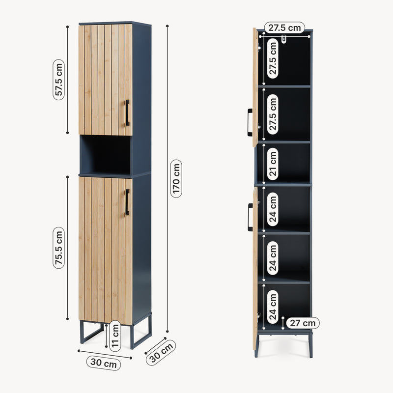 Maatschets Badkamerkast Svanes hoge kast 30x30x170 cm donkergrijs en naturel [en.casa]