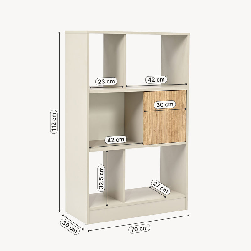 Croquis coté Bibliothèque Karena 112x70x30 cm Crème blanc/Aspect chêne [en.casa]