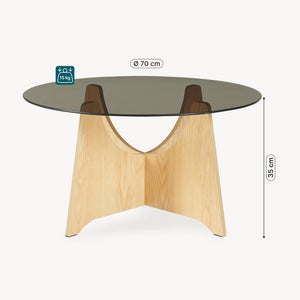 Salontafel 'Omlar' met glazen blad rond Ø70 x 35 cm eikenlook / rookgrijs