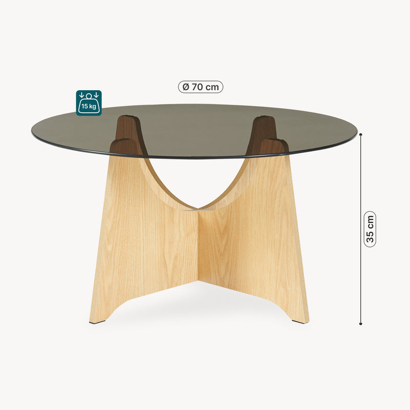 Maatschets Salontafel Omlar rond glas Ø70x35 cm rookgrijs en eikenkleurig [en.casa]