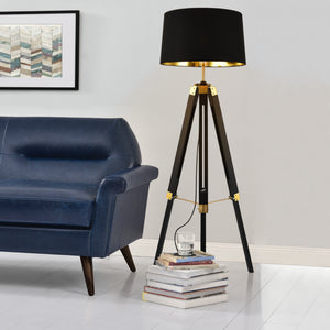 Lampadaire Trépied Karlsbad Métal Tissu Douille E27 Luminaire Intérieur 145 cm Noir Laiton [lux.pro]