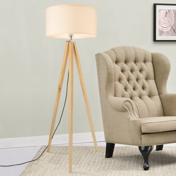 Lampadaire Trépied Queluz Bois Tissu Douille 1 x E27 Luminaire Intérieur Hauteur 152 cm Couleur Bois Blanc [lux.pro]