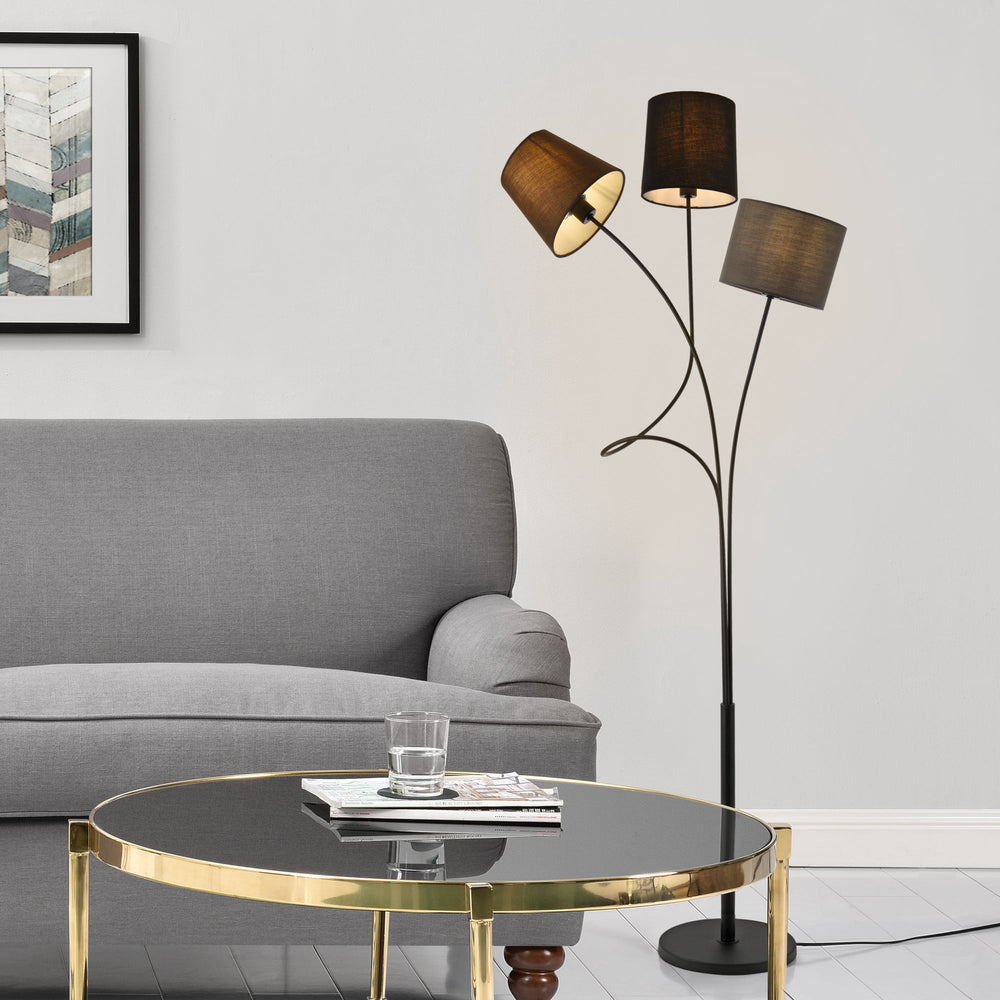 [lux.pro] Lampadaire Lampe sur Pied avec 3 Douilles Métal et Tissu 3 x E14 Hauteur 146 cm 3 Abat-jour Marron Noir Gris Armature Noir
