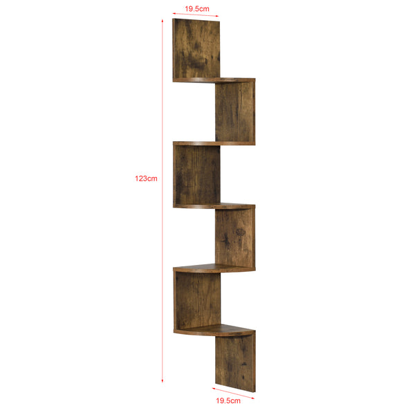 Étagère d'Angle en Forme Zigzag Meuble de Rangement Murale Capacité de Charge Jusqu'à 15 kg 123 x 19,5 x 19,5 cm MDF Mat Laqué Noix [en.casa]