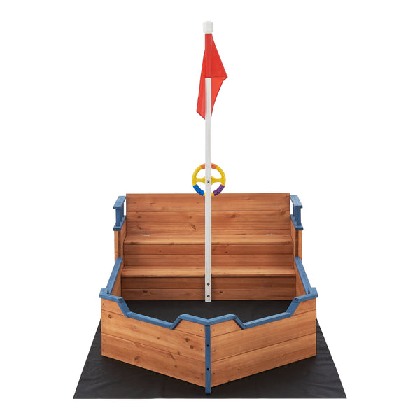 Bac à sable Mestia de forme bâteau en bois avec banc rabattable et drapeau 136 x 193 x 94 cm [en.casa]