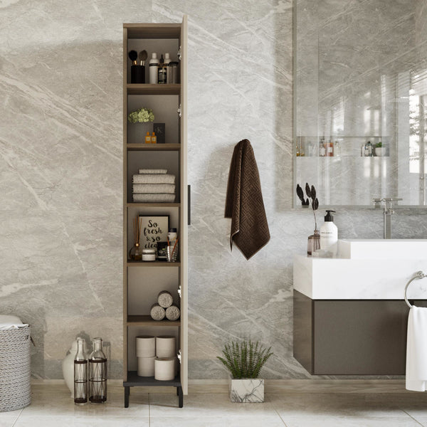 Armoire à porte Lieto 6 niveaux 183,5 x 29,5 x 29,5 cm chêne gris / beige [en.casa]