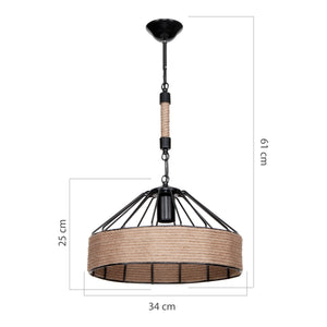 Suspension Bridgford en métal corde de jute 61 cm E27 noir / naturel [lux.pro]