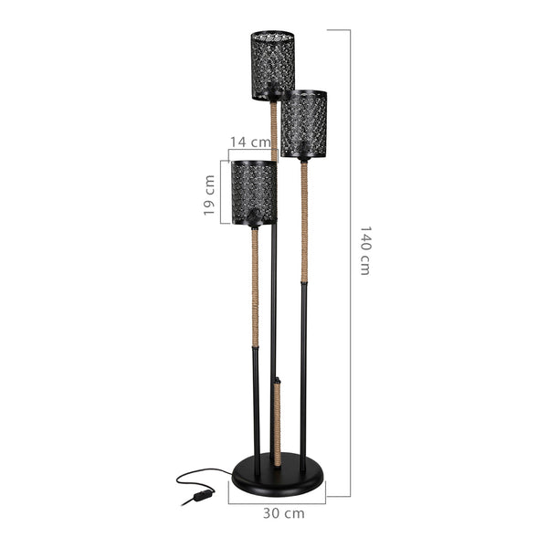 Lampadaire Exeter en métal et corde de jute hauteur 140 cm 3 x E27 noir / naturel [lux.pro]