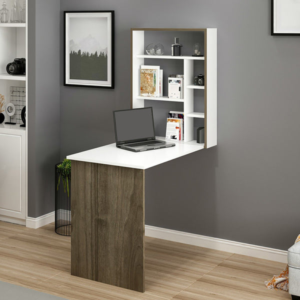 Bureau mural Greve rabattable avec étagère intégrée 82 x 62 x 16 cm blanc / effet noyer [en.casa]