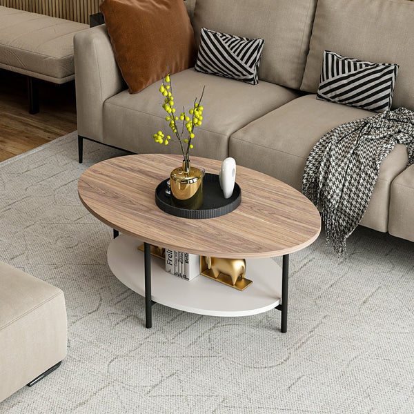 Table basse ovale Fredericia avec espace de rangement effet chêne / blanc [en.casa]
