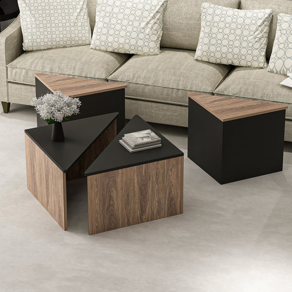 Set de 4 tables basses Frederikshavn carrées gigognes effet chêne / anthracite [en.casa]