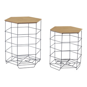 Lot de 2 paniers en métal Hørsholm avec plateau amovible hexagonal noir / effet bois [en.casa]