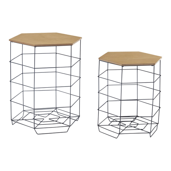 Lot de 2 paniers en métal Hørsholm avec plateau amovible hexagonal noir / effet bois [en.casa]