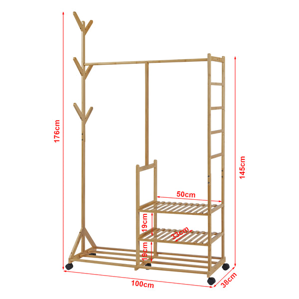 [en.casa] Bamboe kledingrek Ikaalinen op wielen 176x100x38 cm houtkleurig