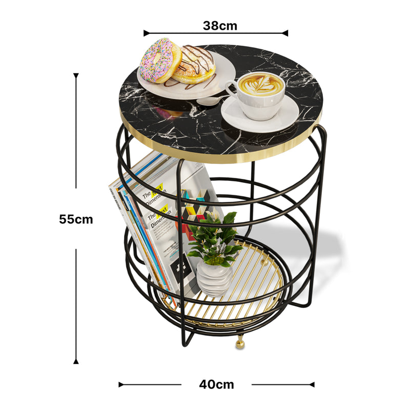 Maatschets [en.casa] Bijzettafel Padasjoki rond met 1 plank 55xØ40 cm goudkleurig en zwart marmerlook