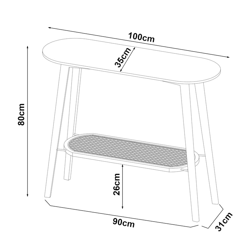 Croquis coté Table console Taivalkoski bambou 100 x 35 x 80 cm noir effet rotin [en.casa]
