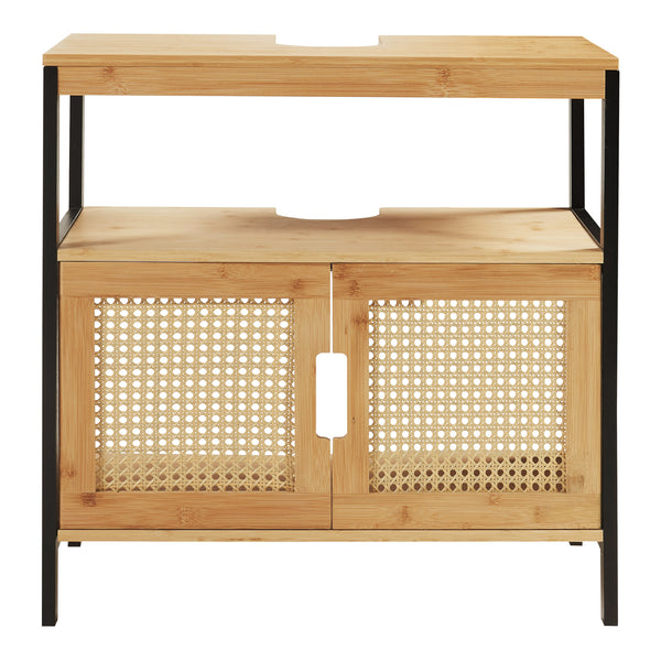 Wastafelonderkast Tervola 60x60x35 cm zwart naturel en rotan look [en.casa]