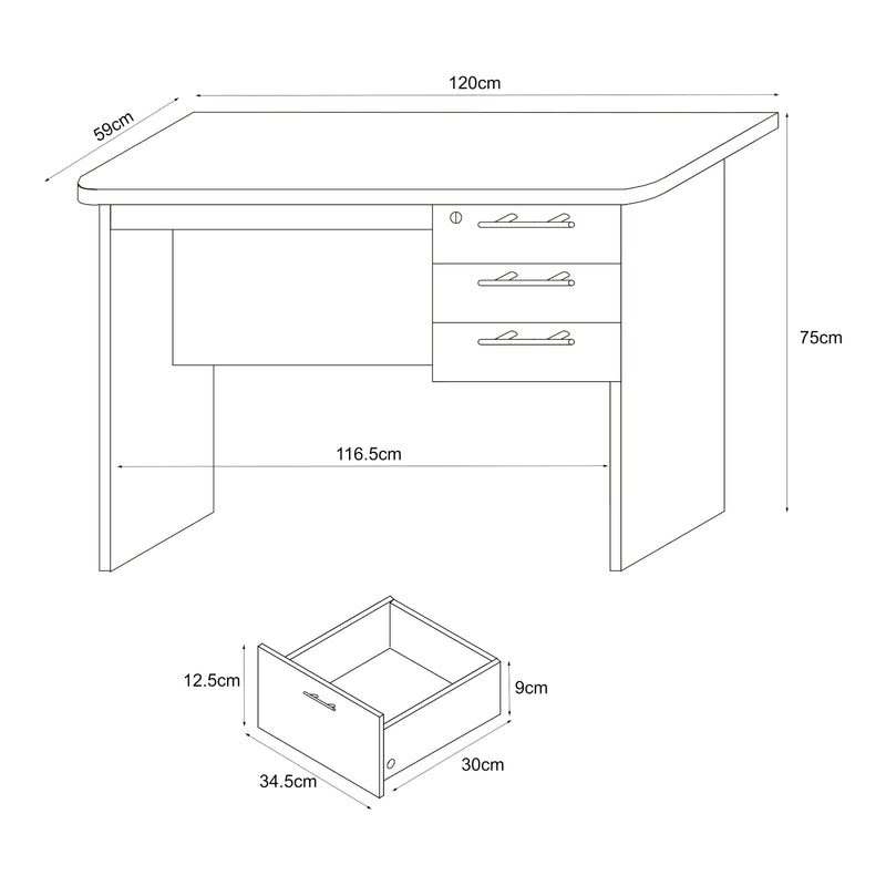 Croquis coté Bureau Ragunda 120 x 59 x 75 cm effet bois foncé [en.casa]