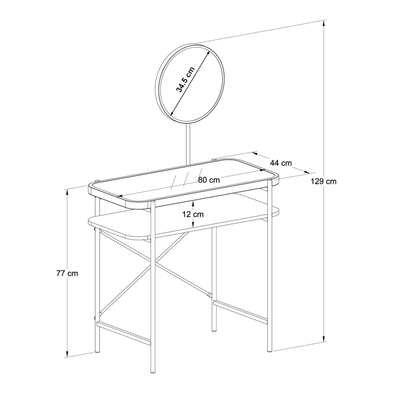 Croquis coté Coiffeuse Hjelmeland acier verre 129 x 80 x 44 cm noir [en.casa]