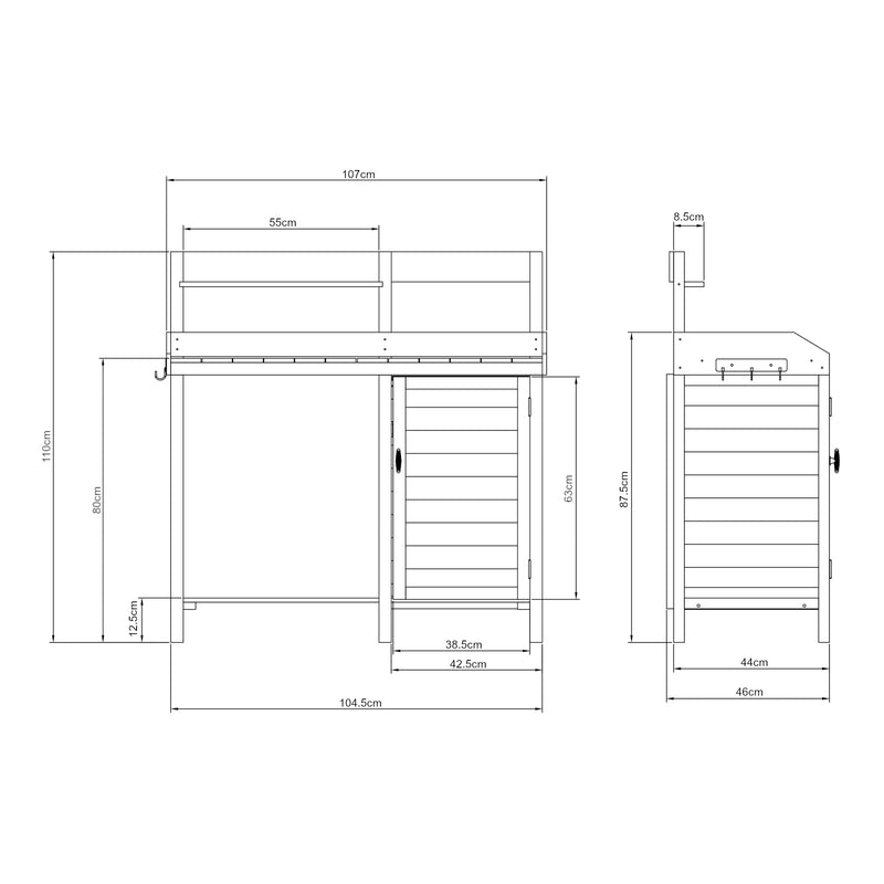 Croquis coté Table de rempotage Alessano 110 x 107 x 46 cm sapin casa.pro